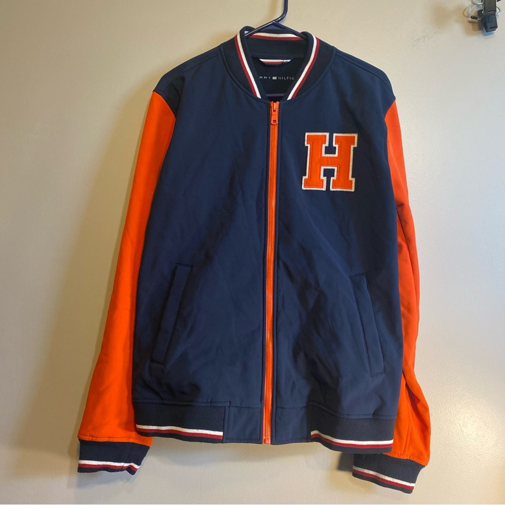 Tommy‎ Hilfiger Men's Orange Blue Logo "H" Varsity Bomber Lettermans Jacket Sz L